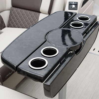 Black folding pedestal mount removable table with cup holders