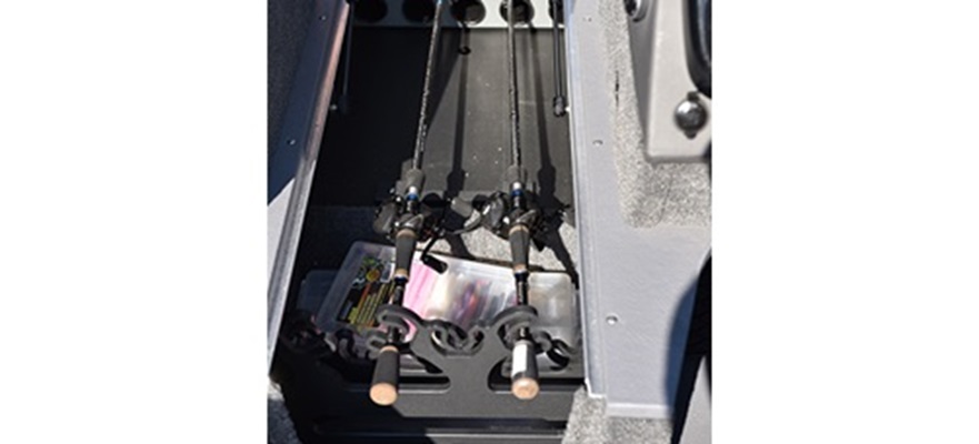 Large lockable rod organizer with tubes for 10 rods in the bow casting platform